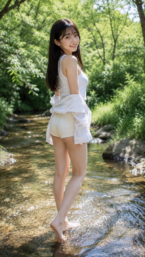 A young woman with long black hair smiles while standing barefoot in a shallow stream in a forest, wearing a white tank top and shorts with a white shirt draped over her shoulders.