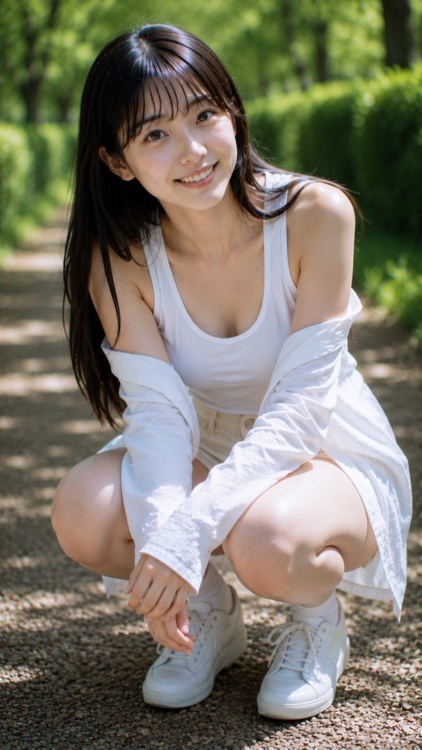 A smiling young woman with long black hair, wearing a white tank top, white shirt, and white shorts, squats on a gravel path in a park.
