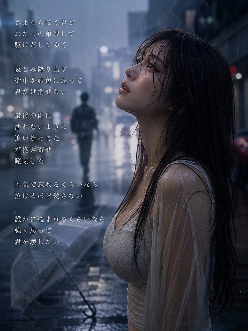 A woman with long black hair looks up in the rain on a city street, wearing a white dress.