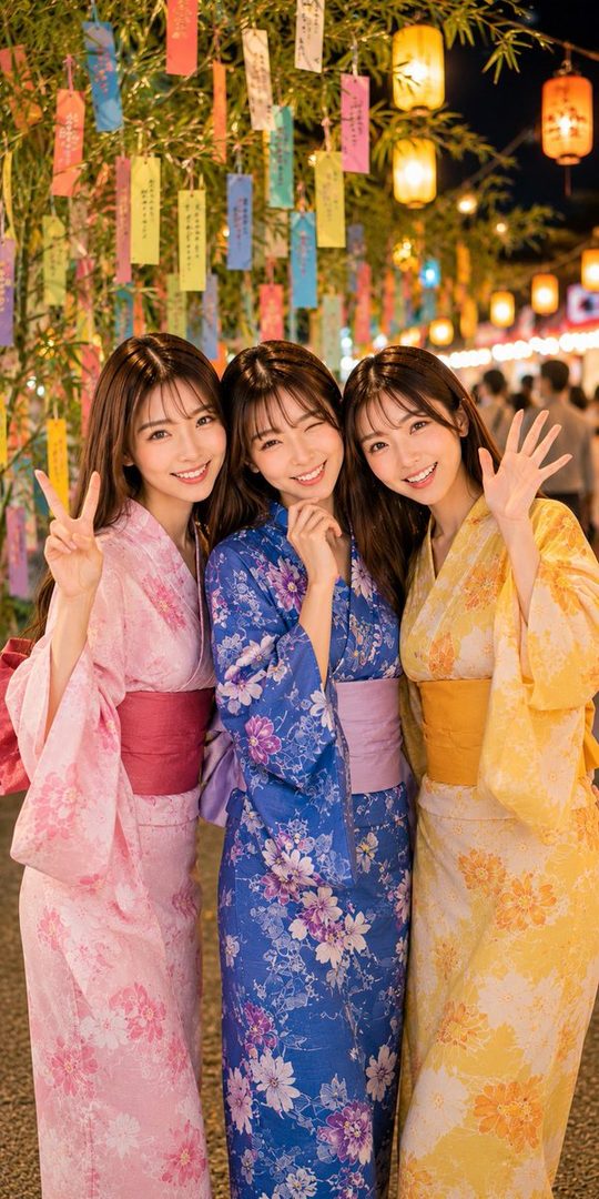 Three young women in colorful kimonos pose happily at a night festival with lanterns and decorative streamers.