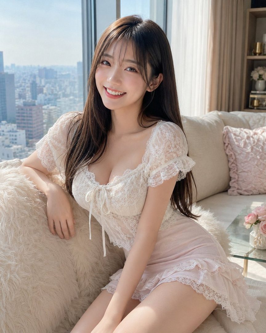 A beautiful young East Asian woman with long brown hair, wearing a delicate white lace top and a pink skirt, smiles warmly while sitting indoors with a city view.