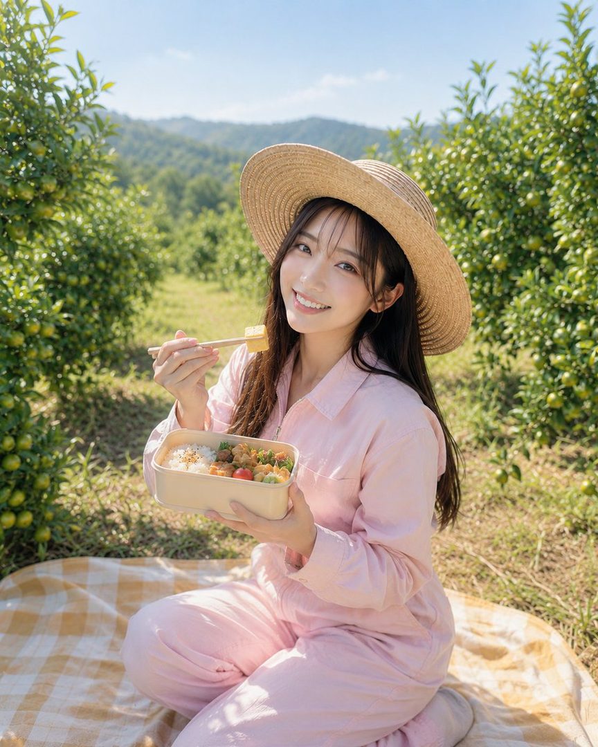 A young woman in a pink outfit and straw hat enjoys a bento box lunch in a sunlit orchard.