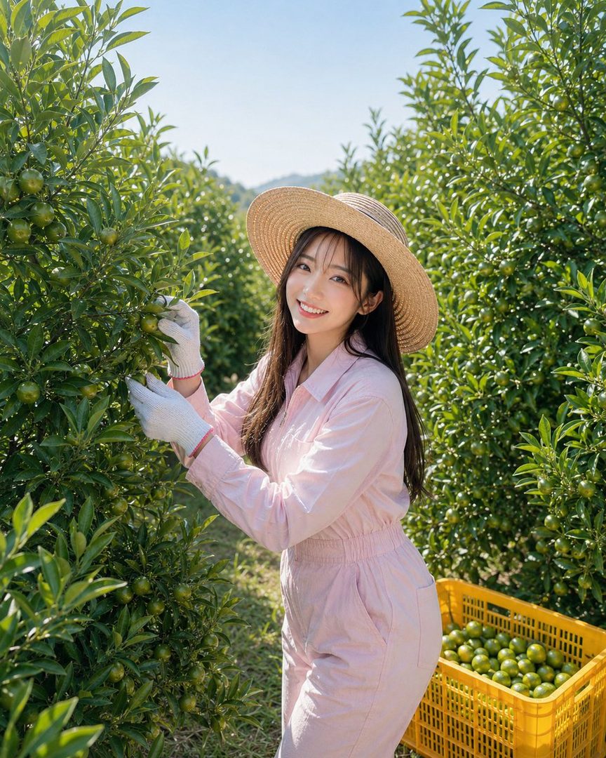 A young woman in a straw hat and pink jumpsuit is picking fruit from a tree in an orchard.