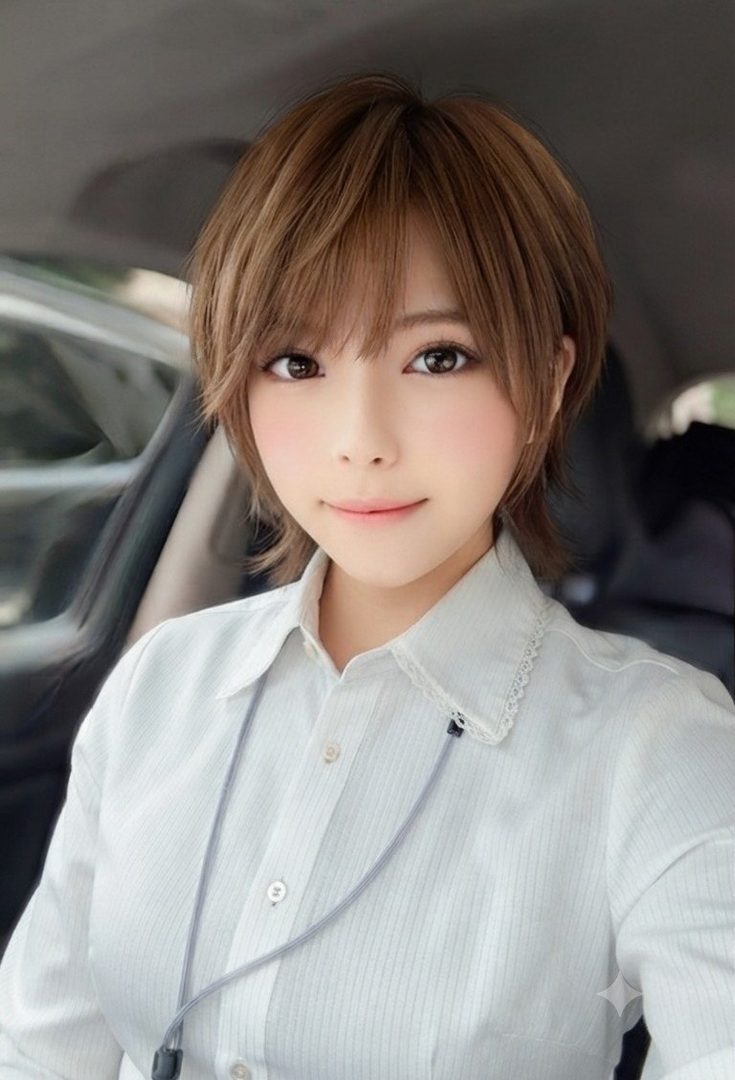 A cute East Asian woman with short brown hair takes a selfie in a car, wearing a white collared shirt.