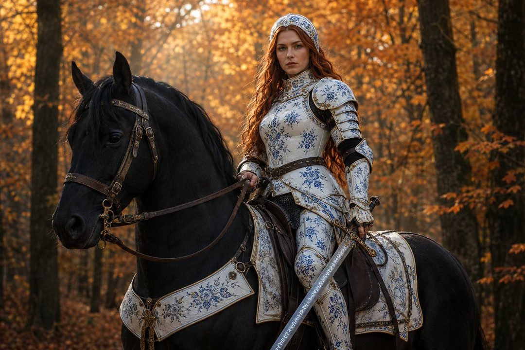 A photorealistic portrait of a female knight in ornate porcelain-style armor, riding a black horse through an autumn forest.