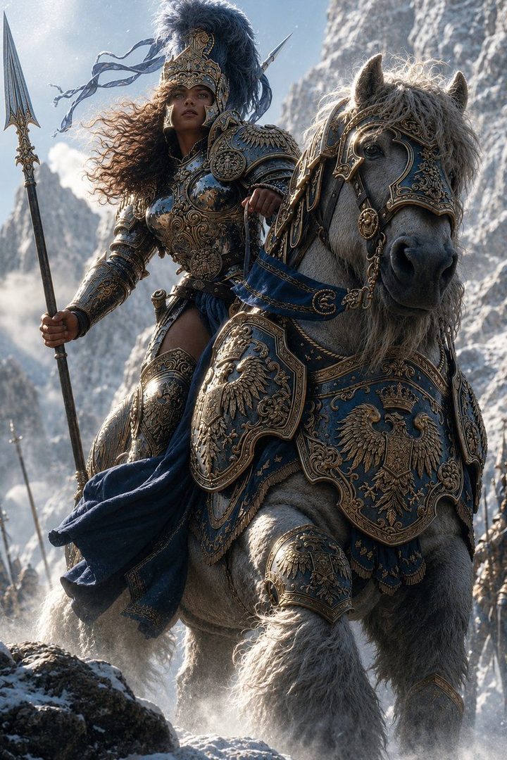 A woman in ornate golden and blue armor rides a majestic horse through a snowy, mountainous landscape, holding a spear.