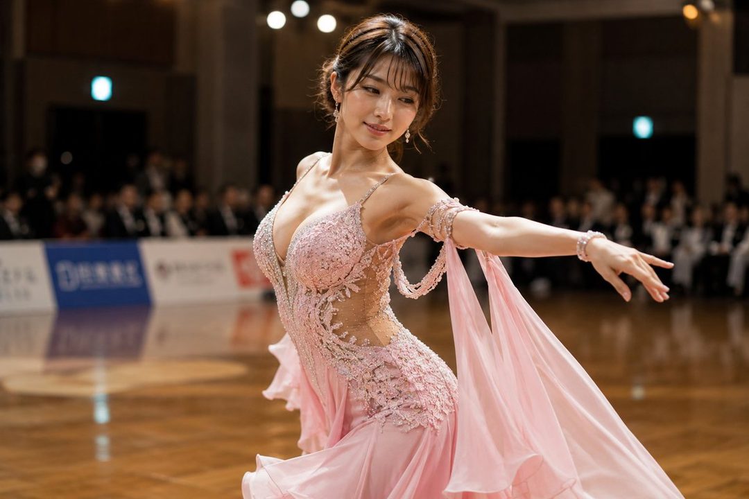 A woman in a pink ballroom dance dress with intricate beadwork and sheer panels, posing gracefully on a wooden floor with an audience in the background.