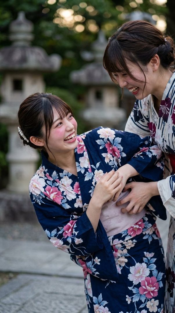 Two young Japanese women in yukatas laughing and playing together outdoors.