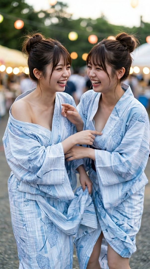 Two young women in light blue yukata are laughing and interacting playfully at a night festival with lanterns in the background.