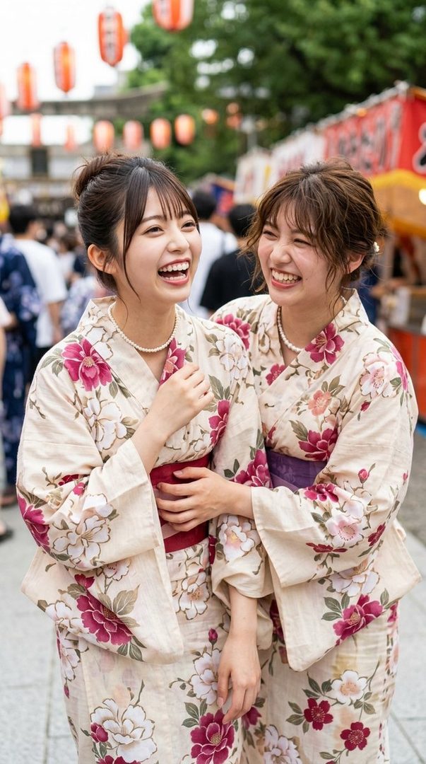 Two young Japanese women in matching floral yukatas laughing together at a summer festival.
