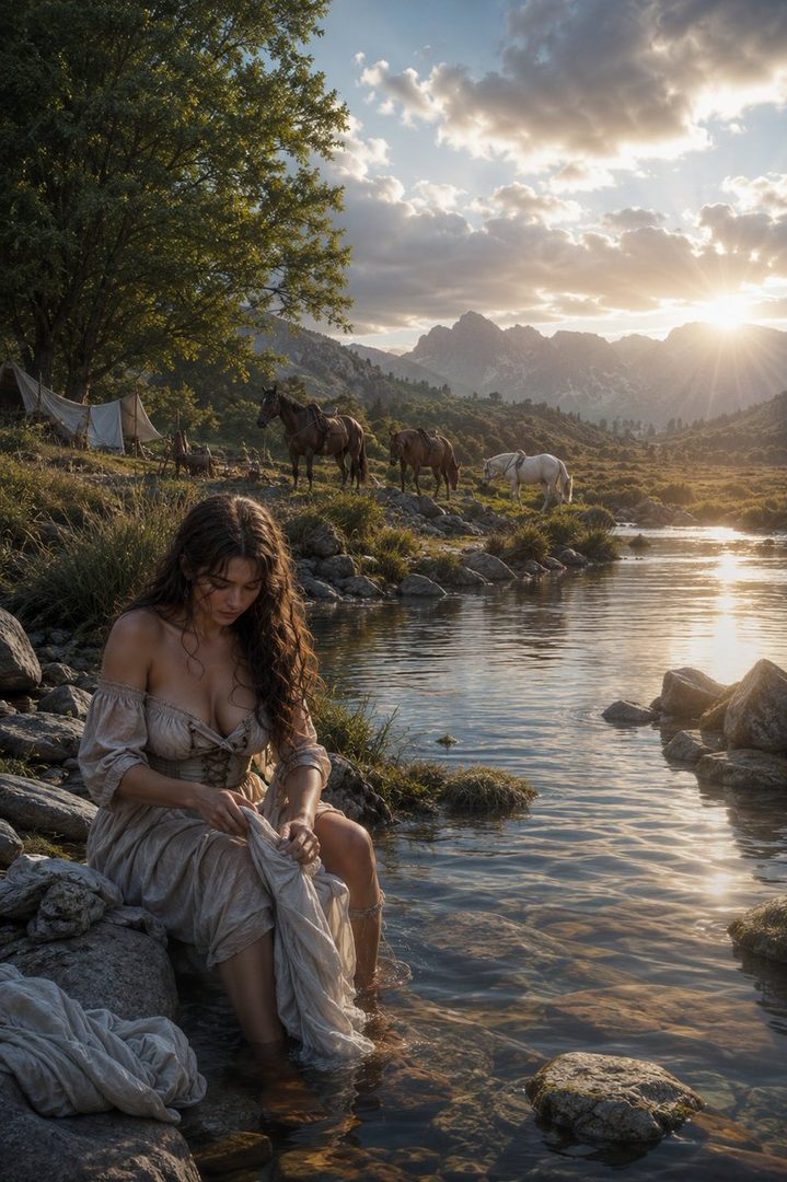 A woman with long brown hair sits by a river, washing clothes, with horses and mountains in the background at sunset.