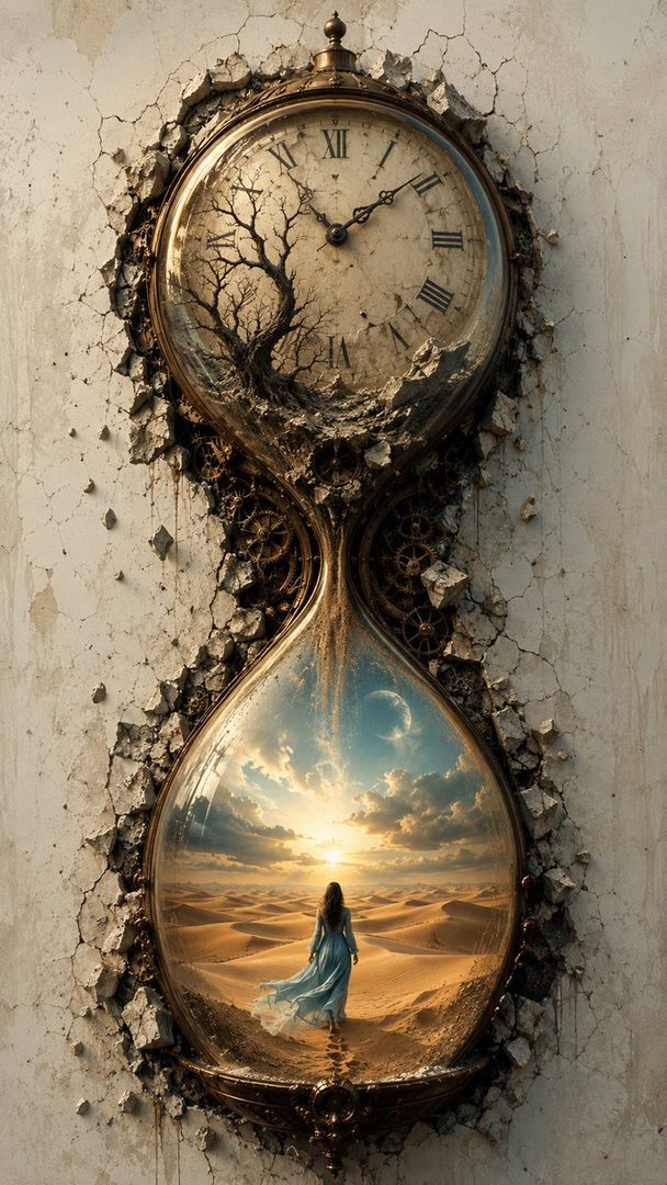 A woman in a flowing blue dress walks through a desert landscape at sunset, viewed through a broken hourglass clock.