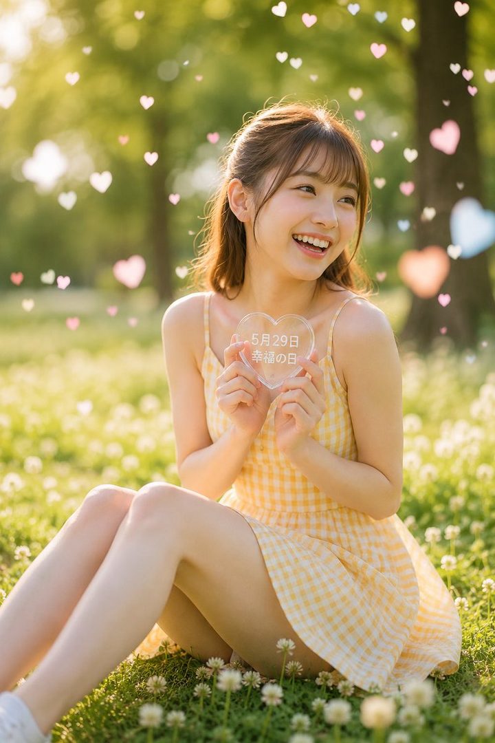 A smiling young woman with brown hair sits in a sunny grassy field, holding a clear heart-shaped sign with Japanese text, surrounded by floating bokeh hearts.