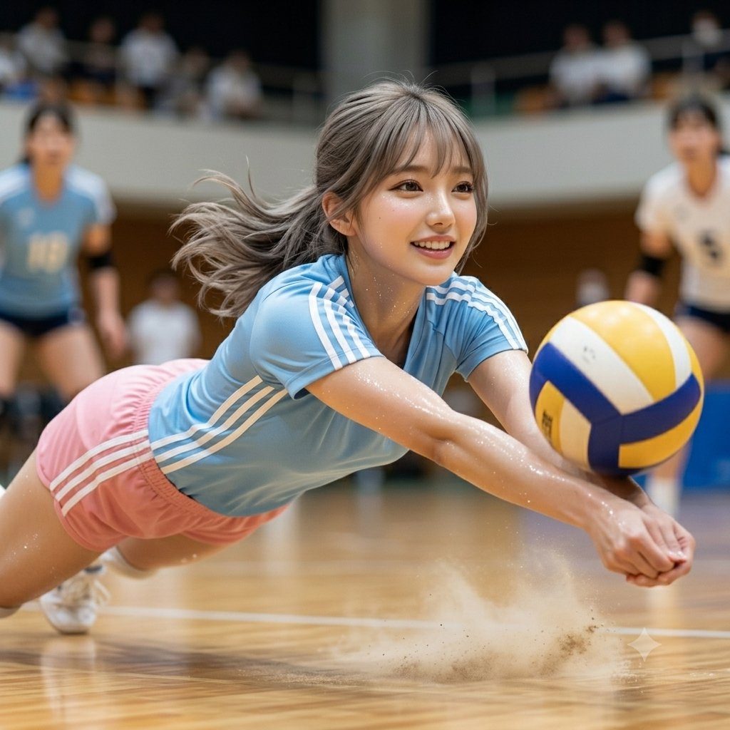 A young woman with blonde hair in a blue sports top and pink shorts dives to hit a volleyball on an indoor court.