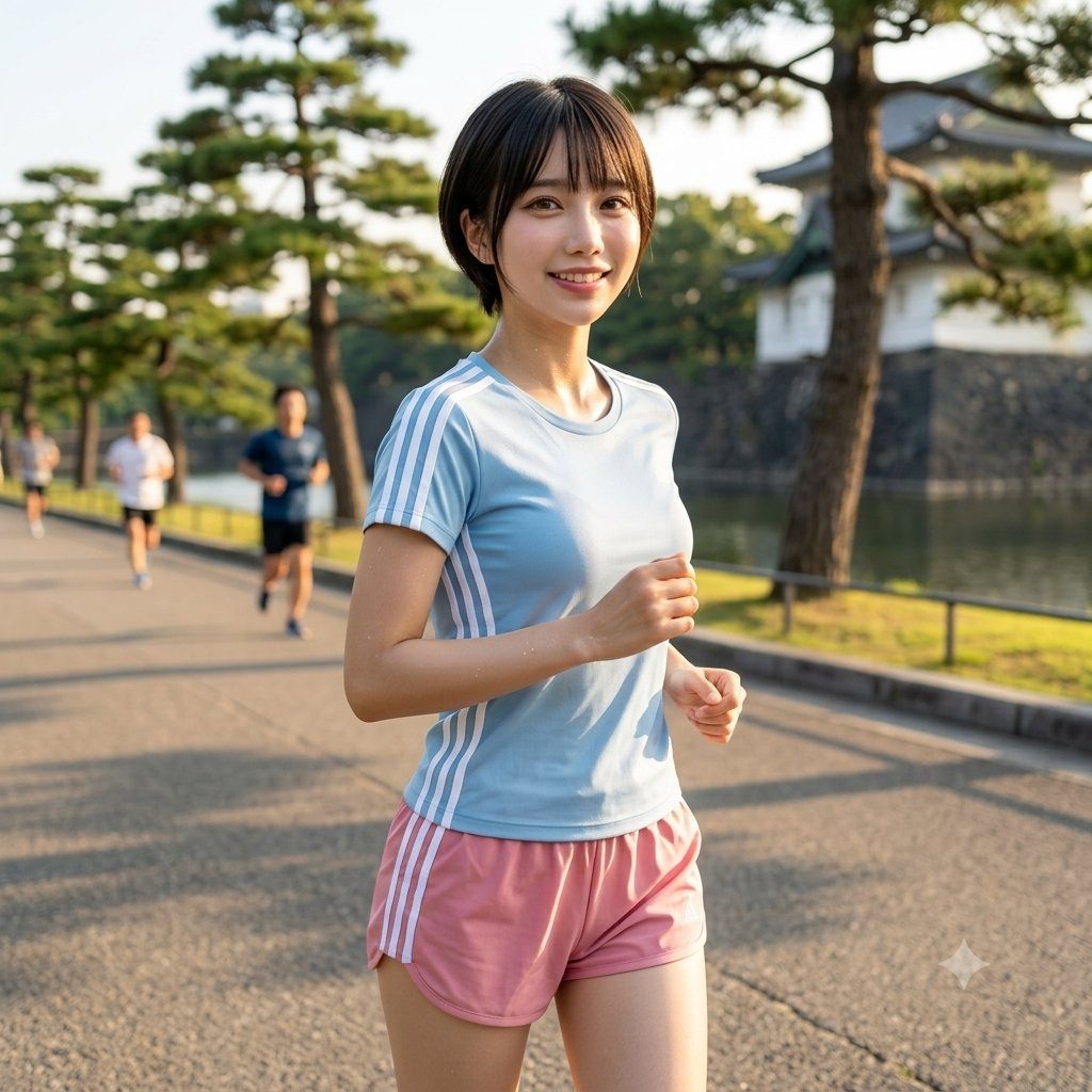 A young woman with short black hair is jogging outdoors, wearing a light blue sports top and pink shorts, with a traditional Japanese building in the background.