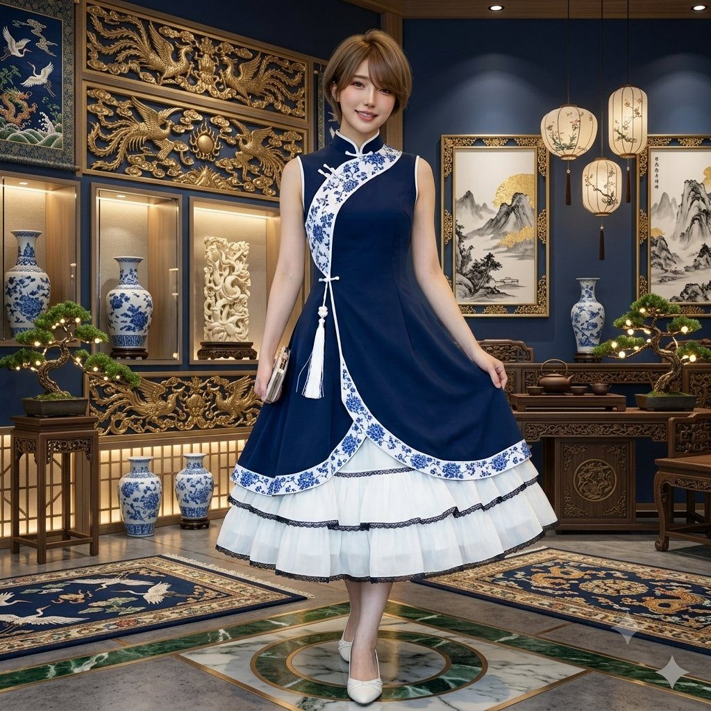 A young woman in a blue and white traditional Chinese-inspired dress stands in an ornate room with antique decor.