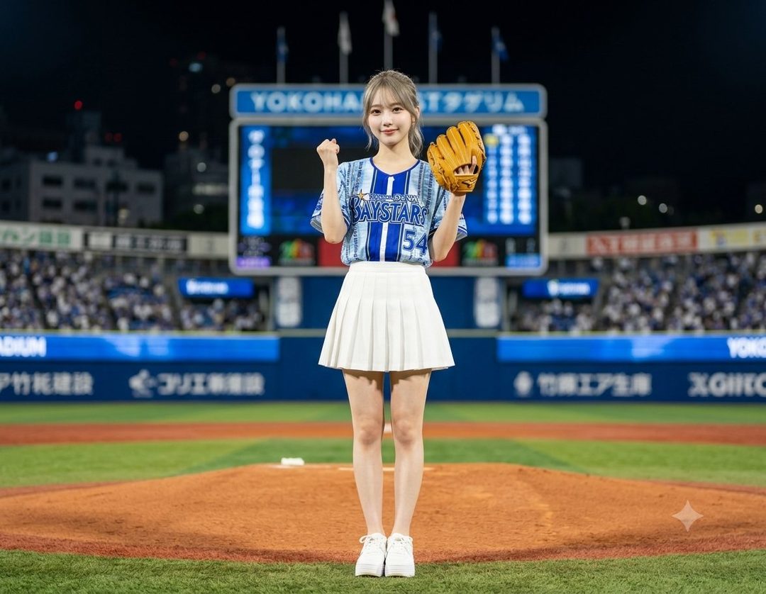 A young woman in a blue and white baseball uniform and a white pleated skirt stands on a baseball field at night, holding a baseball glove.