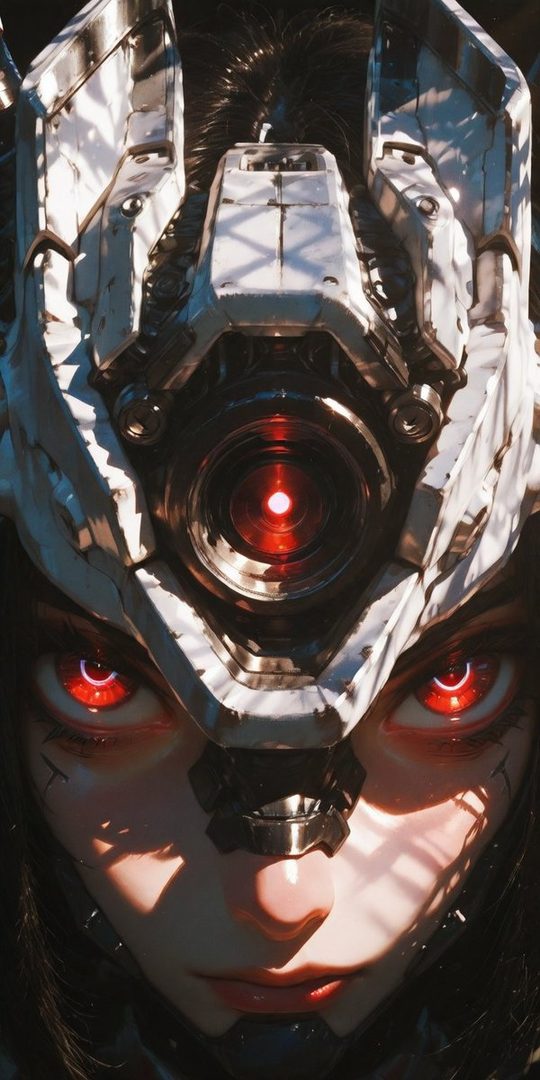 A photorealistic portrait of a mecha girl with glowing red eyes and intricate white headgear, looking directly at the viewer.