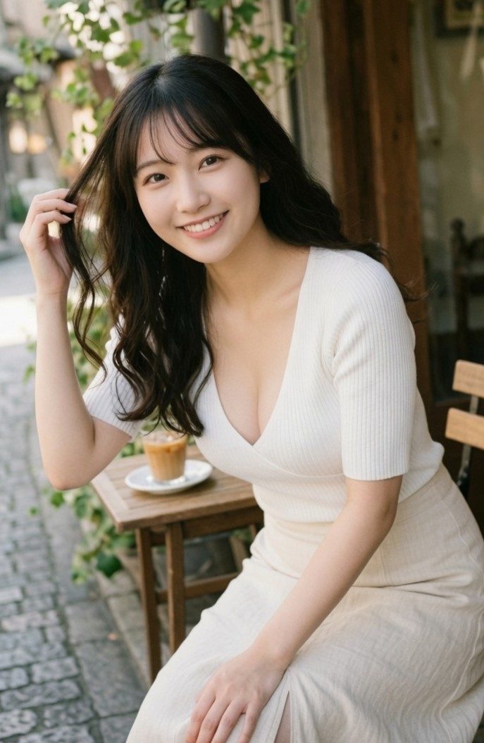 A young East Asian woman with long black hair smiles while sitting at a cafe table with a coffee.