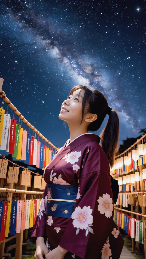 A young woman in a kimono looks up at the starry night sky with a smile, surrounded by lanterns and prayer slips.