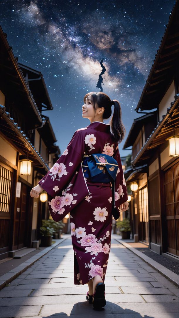 A young Japanese woman in a floral kimono walks down a traditional street at night, looking up at the starry sky.