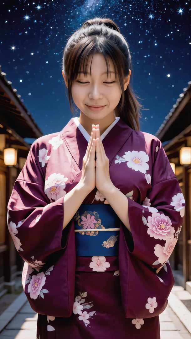A young woman in a purple kimono with floral patterns stands with her hands clasped in prayer under a starry night sky.