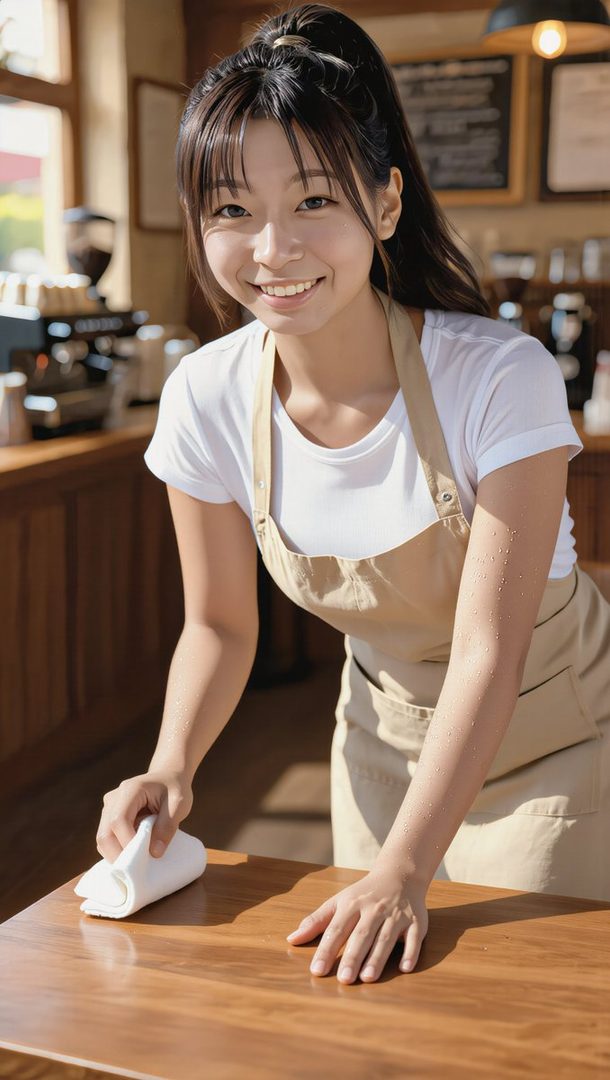 A smiling young Japanese woman in a white t-shirt and beige apron cleans a wooden table in a cafe, with a coffee machine in the background.
