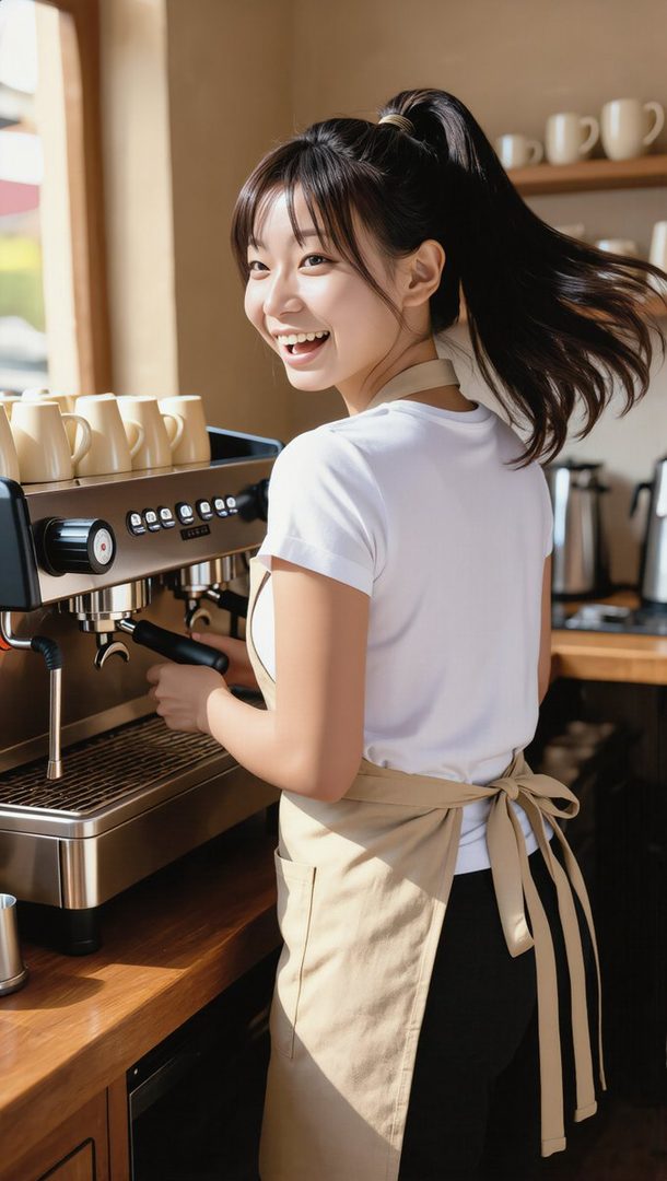 A cheerful young East Asian woman with a high ponytail, wearing a white t-shirt and a beige apron, smiles broadly while working at a professional espresso machine in a bright cafe.
