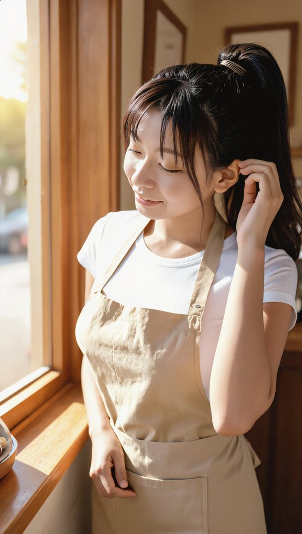 A young East Asian woman with her hair in a ponytail, wearing a white t-shirt and a beige apron, smiles with her eyes closed while standing by a window with sunlight streaming in.