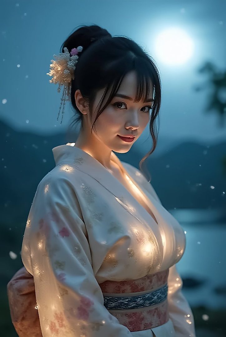 A beautiful AI-generated Japanese woman in a light-colored kimono, with her hair styled up and adorned with flowers, poses outdoors at night under the moonlight.