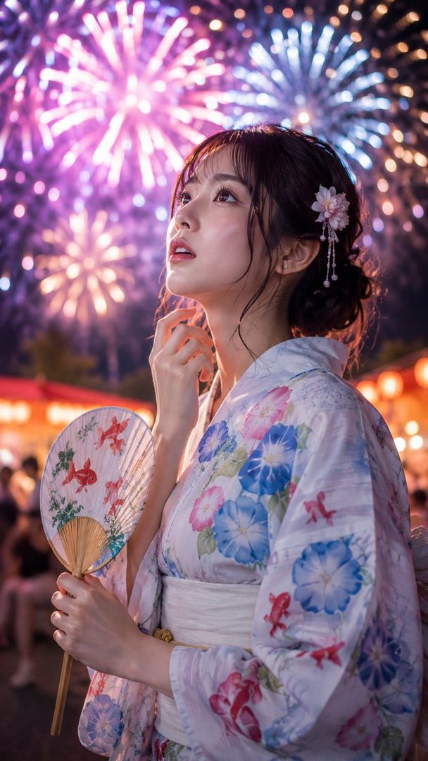 A young woman in a floral yukata looks up at colorful fireworks exploding in the night sky, holding a traditional fan.