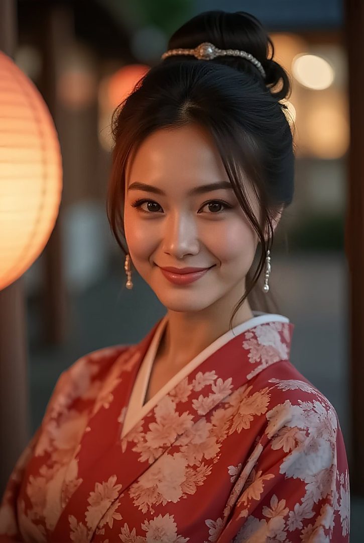 A beautiful East Asian woman with black hair styled in an updo, wearing a red floral kimono and pearl earrings, smiles gently in front of a softly lit lantern.