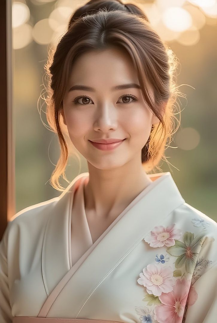 A beautiful East Asian woman with her hair up, wearing a light-colored kimono with floral patterns, smiles gently during golden hour.