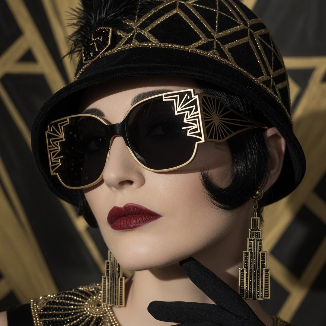 A woman with dark hair, bold red lipstick, and large, ornate sunglasses poses in a studio setting, wearing a black hat with gold embellishments and matching art deco-style earrings.