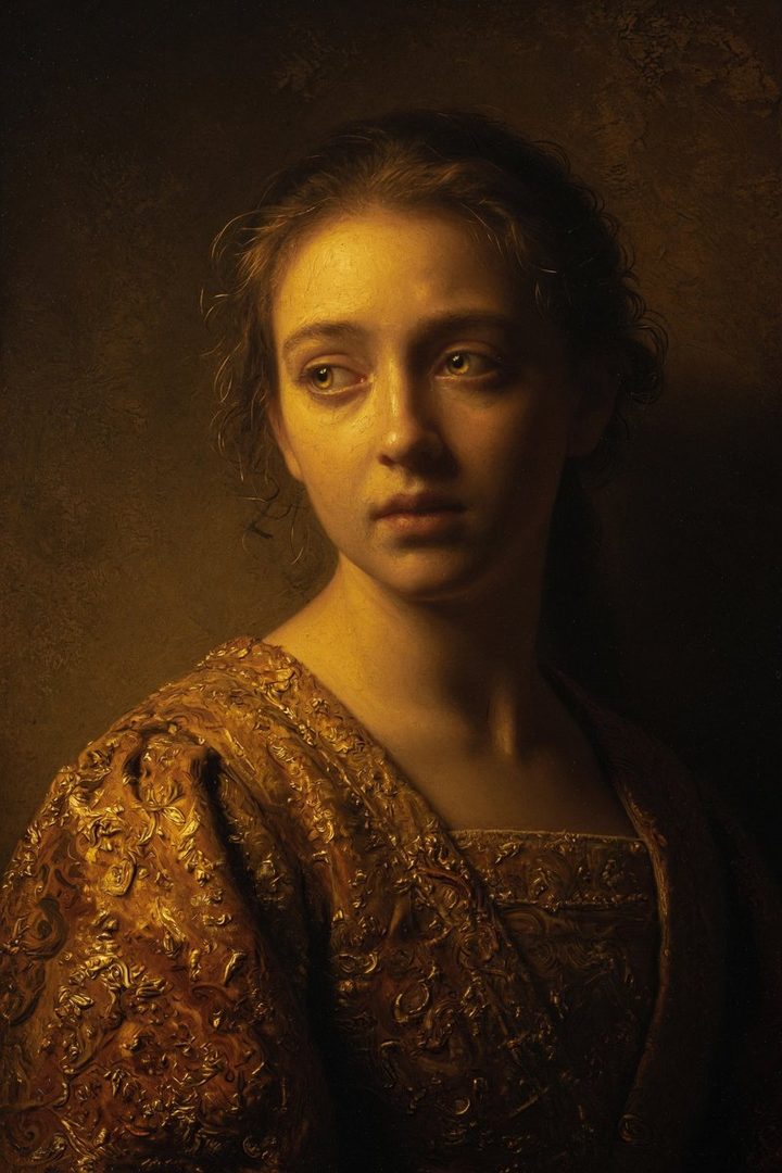 A photorealistic portrait of a young woman with long brown hair, wearing an ornate amber brocade dress, illuminated by warm golden light in the style of Rembrandt.