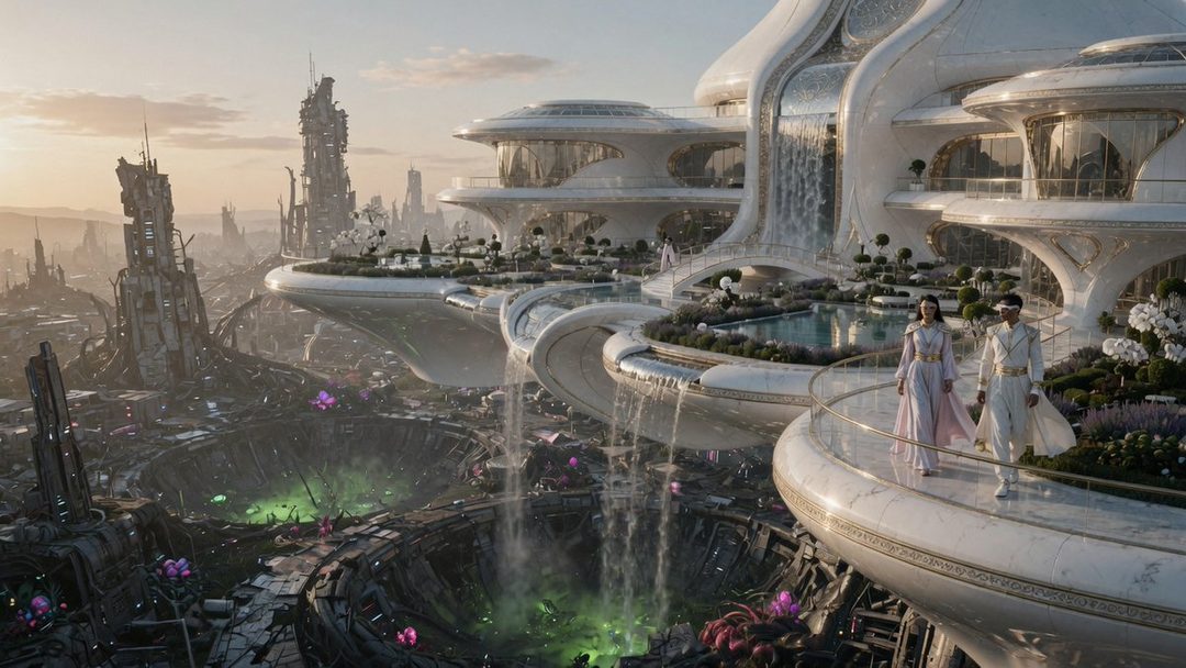 A man and a woman in futuristic attire walk along a balcony overlooking a futuristic city with advanced architecture and lush greenery.