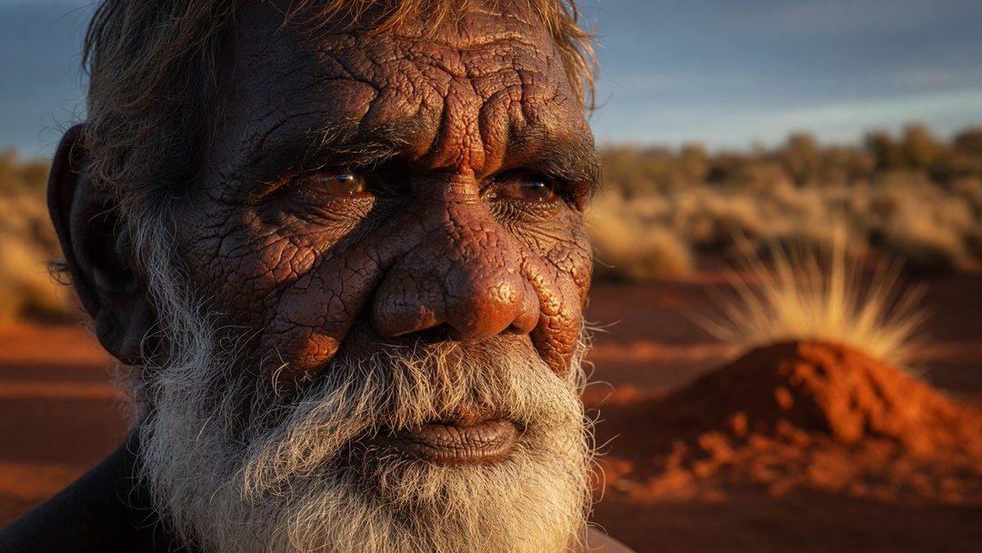 Extreme close-up portrait of an elderly Indigenous Australian man with weathered skin and a white beard, set against a blurred desert landscape at golden hour.