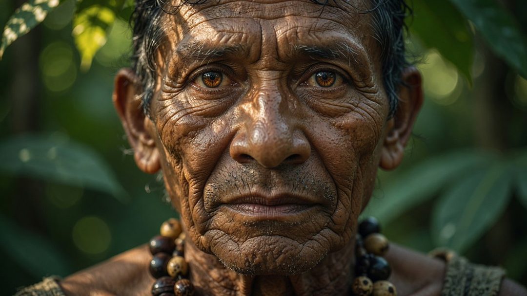 Extreme close-up portrait of an elderly indigenous man with weathered skin and traditional beaded necklace, set against a blurred green jungle background.