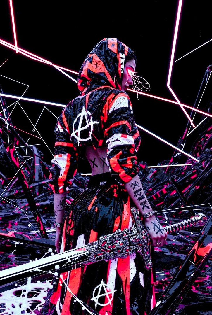 A person in a hooded jacket and skirt holds a sword, with neon lights and abstract structures in the background.
