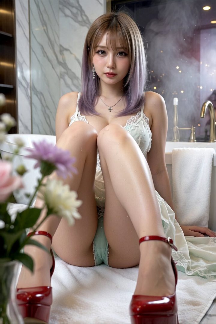 A young woman with purple-tipped brown hair, wearing a light green lace-trimmed slip and red platform heels, poses suggestively in a bathroom setting.