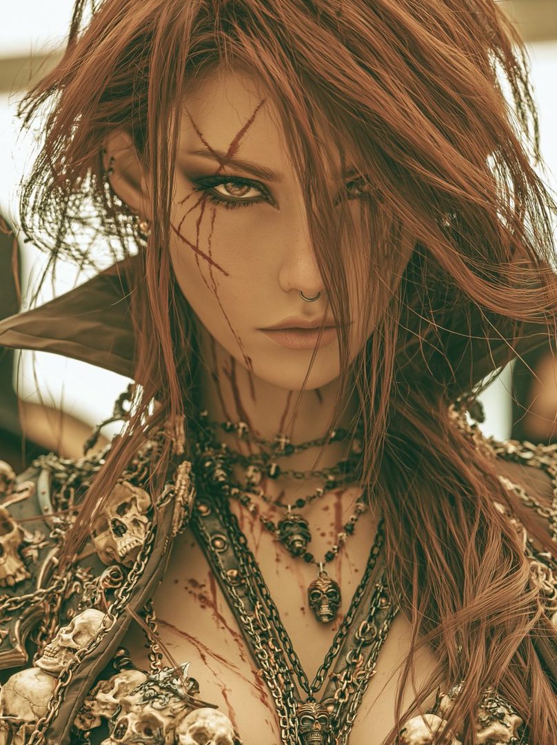 A striking portrait of a woman with long, messy red hair, adorned with skull jewelry and chains, with red markings on her face, looking intensely at the camera.