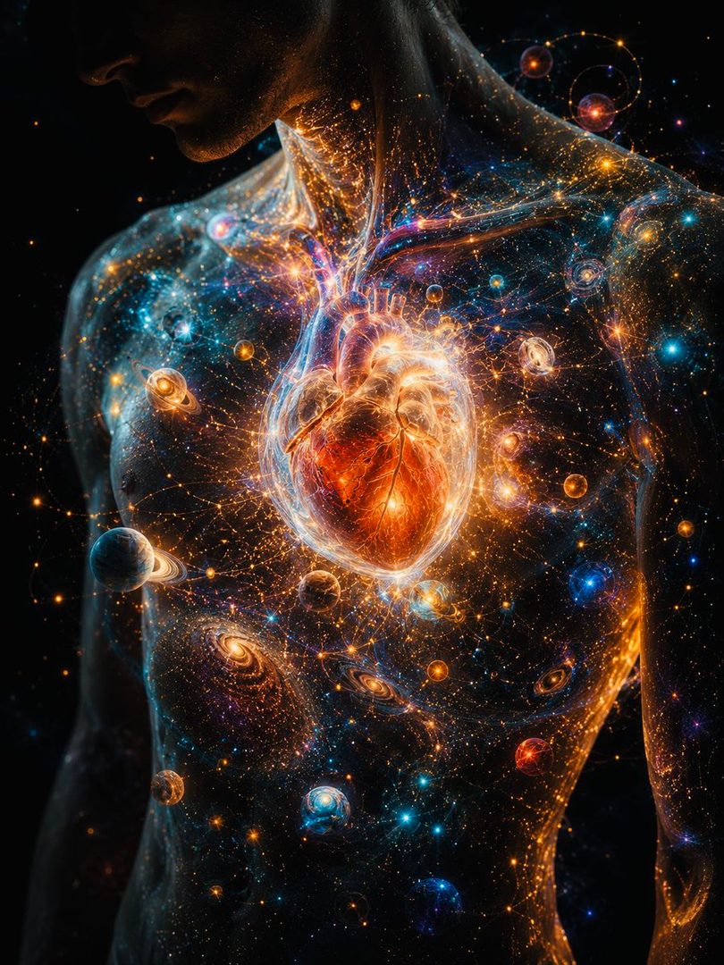 A man's torso is depicted as a cosmic landscape, with his heart glowing at the center and surrounded by stars, planets, and galaxies.