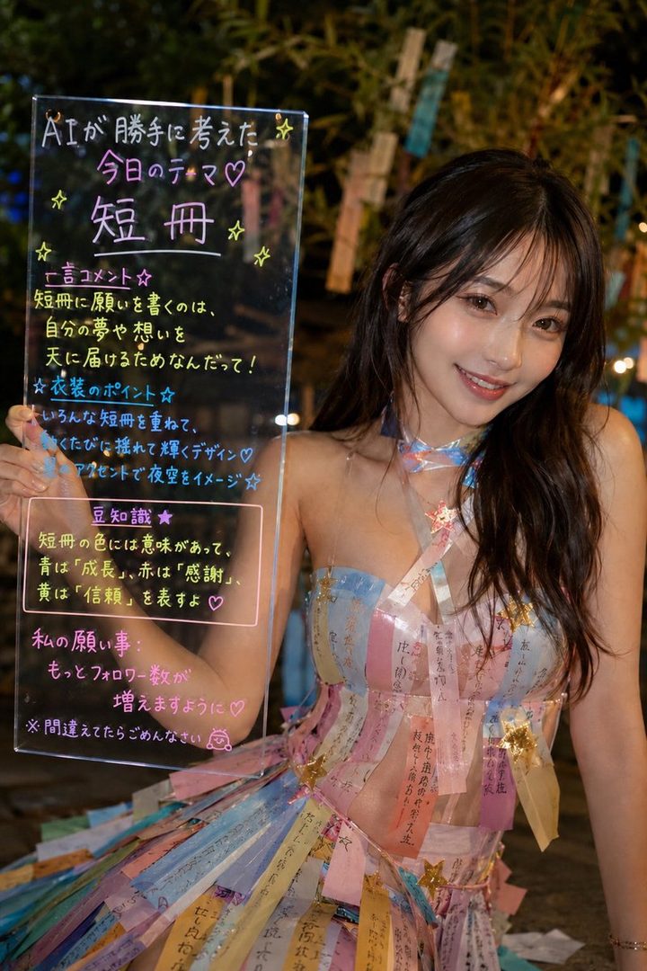 A beautiful AI-generated woman with long dark hair, wearing a colorful dress adorned with tanabata wishes, smiles gently while holding a transparent sign with Japanese text.