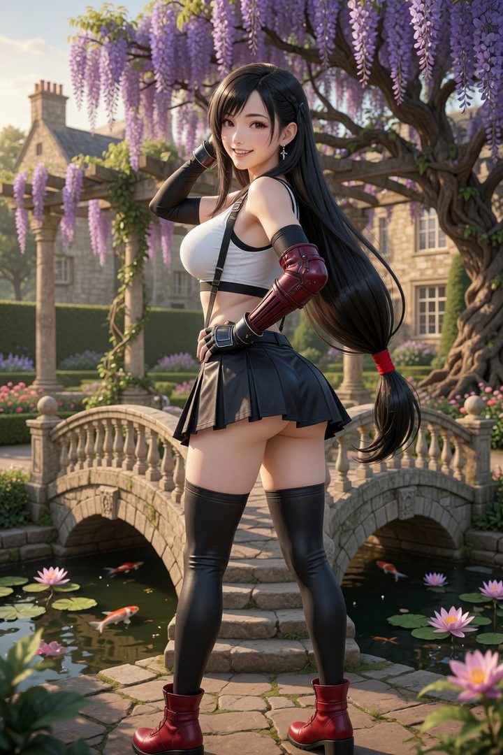 A young woman with long black hair, wearing a white sports bra, black pleated skirt, and thigh-high stockings, poses playfully in a lush garden with a stone bridge and wisteria flowers.