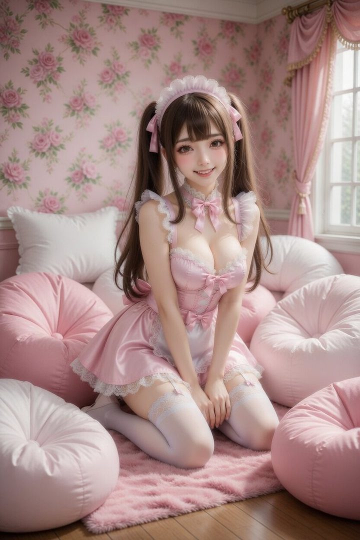 A young woman in a pink maid outfit with pigtails, sitting on a fluffy pink rug in a room with floral wallpaper.