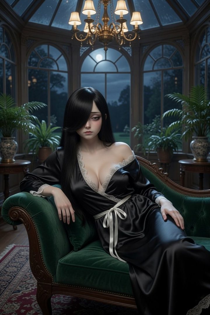 A woman with long black hair and heavy eye makeup, wearing a black satin robe with lace trim, sits on a green velvet chaise lounge in a dimly lit room with large arched windows.