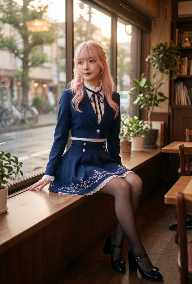 A young woman with pink hair wearing a navy blue skirt suit with white lace trim and black bow tie, sitting by a cafe window.