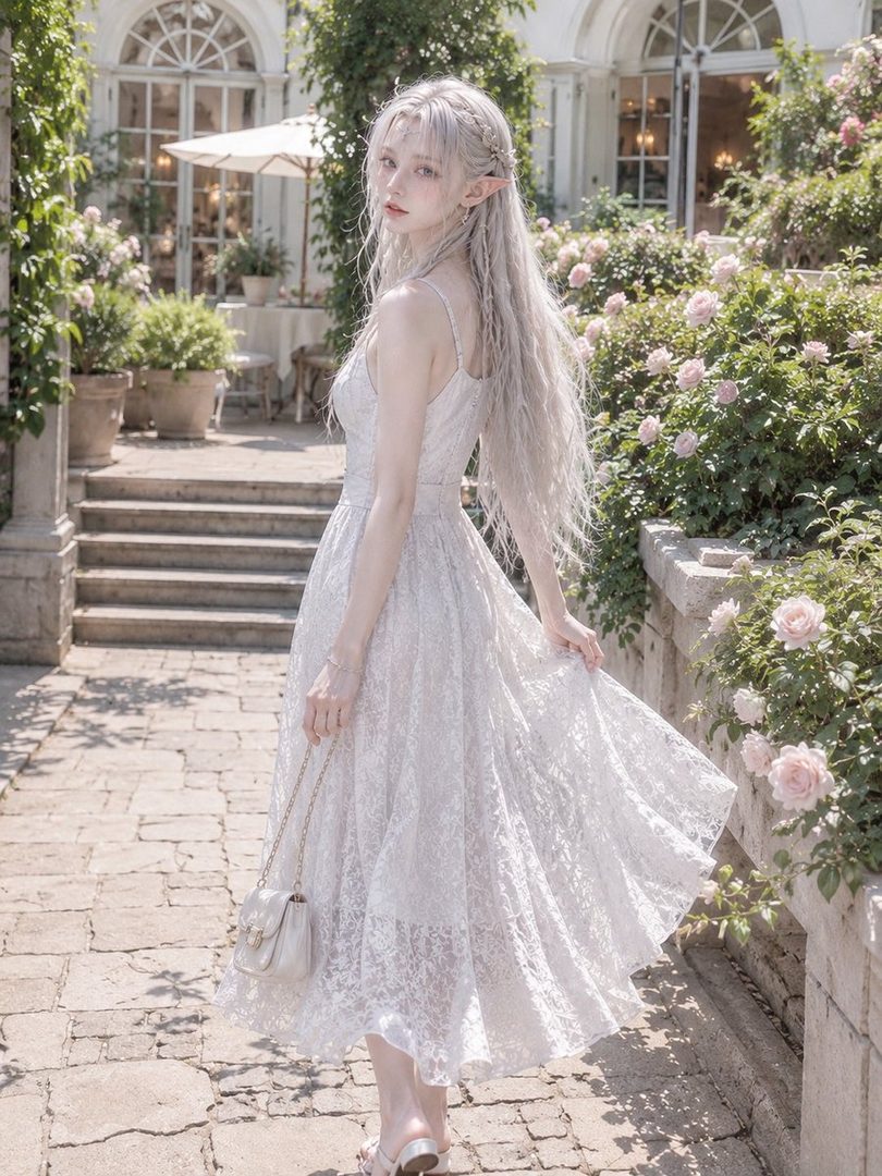 A beautiful AI-generated woman with long white hair and elf ears, wearing a delicate white lace dress, poses gracefully in a lush garden with blooming pink roses.