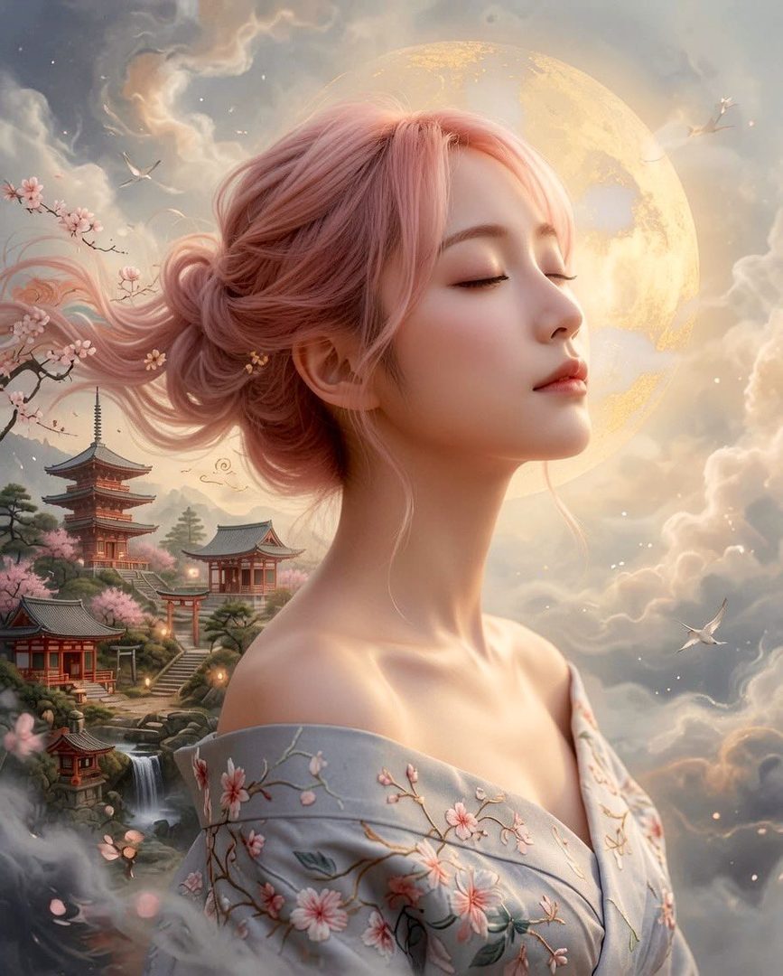 A serene woman with pink hair in a kimono with cherry blossom embroidery, set against a dreamy Japanese landscape with pagodas and a full moon.