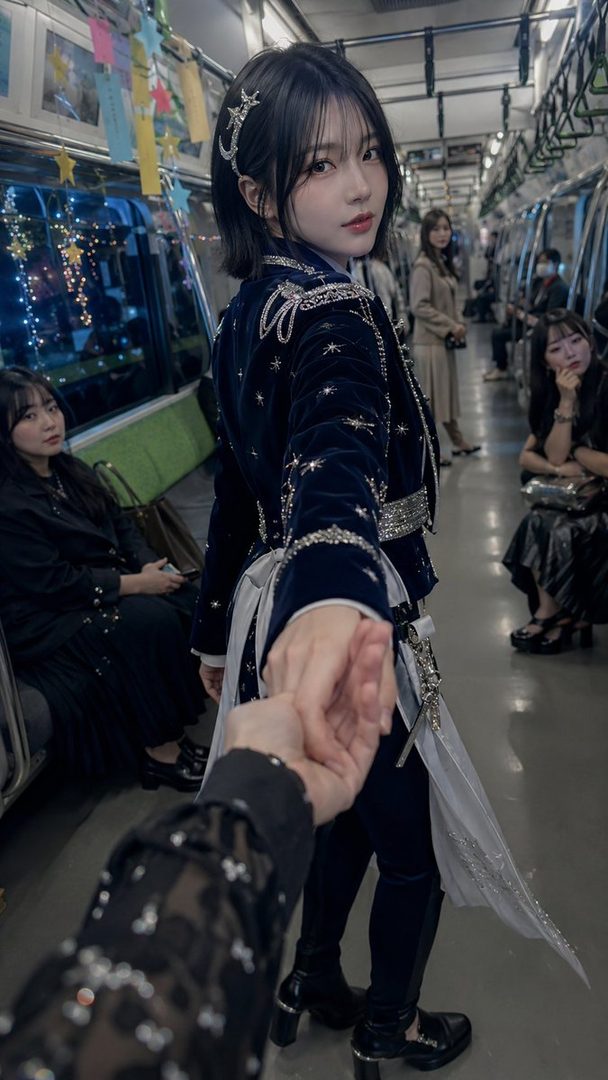 A young woman with short black hair, wearing a dark blue, star-embellished jacket and dark pants, holds out her hand to the viewer as she stands on a train.